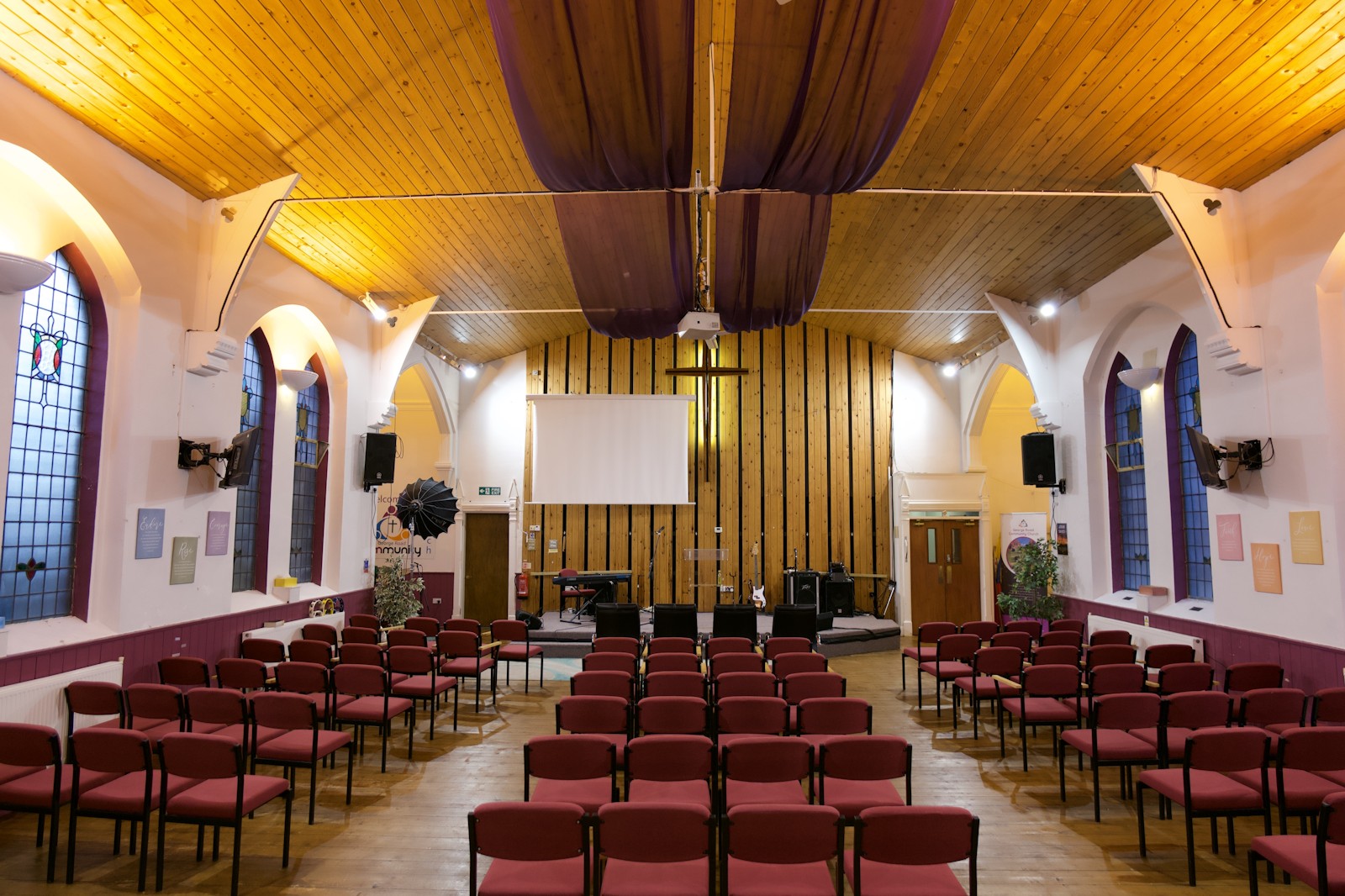 The main hall at George Road Community Church, set out for a service